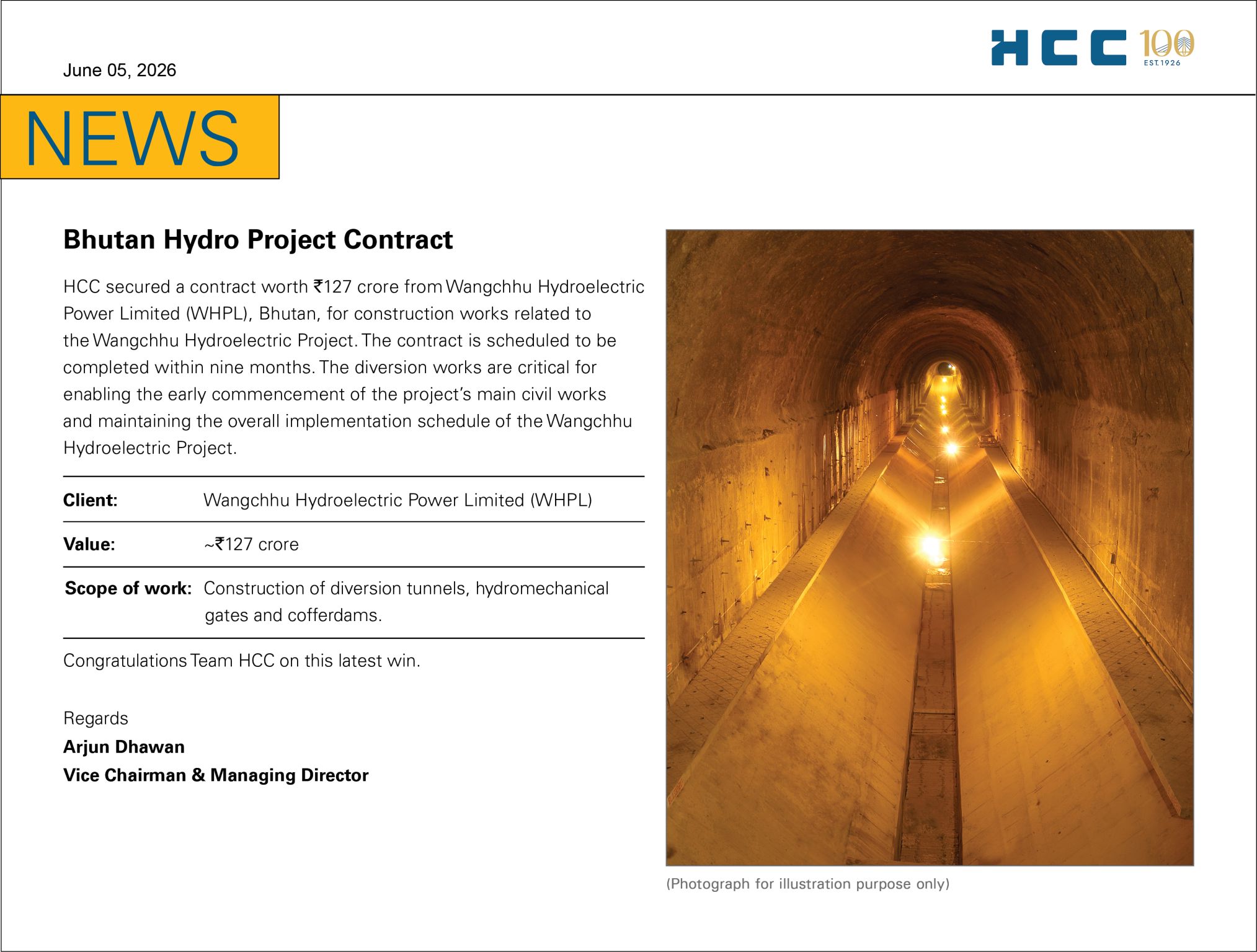 HCC secures key diversion works package for Wangchhu hydro project, Bhutan